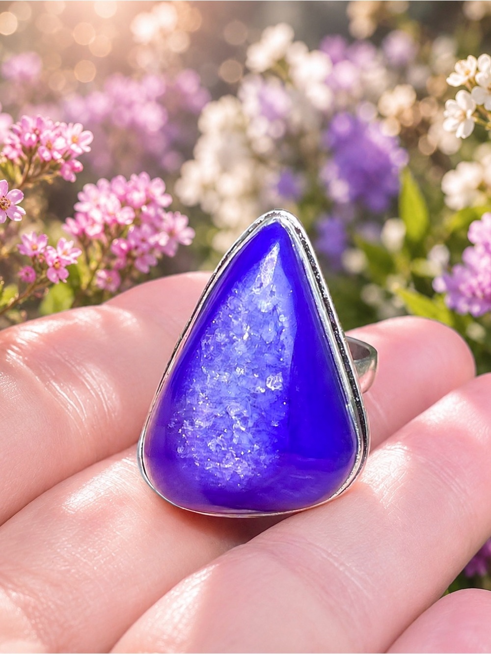 Gorgeous Purple Blue Botswana Agate Druzy Sterling Silver Ring Sz 9
